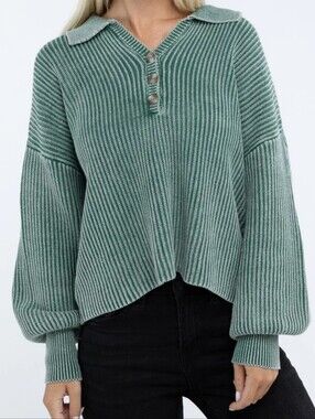 NWOT Zenana Washed Collared Henley Ribbed Sweater Top in Dark Green Size S,M,L